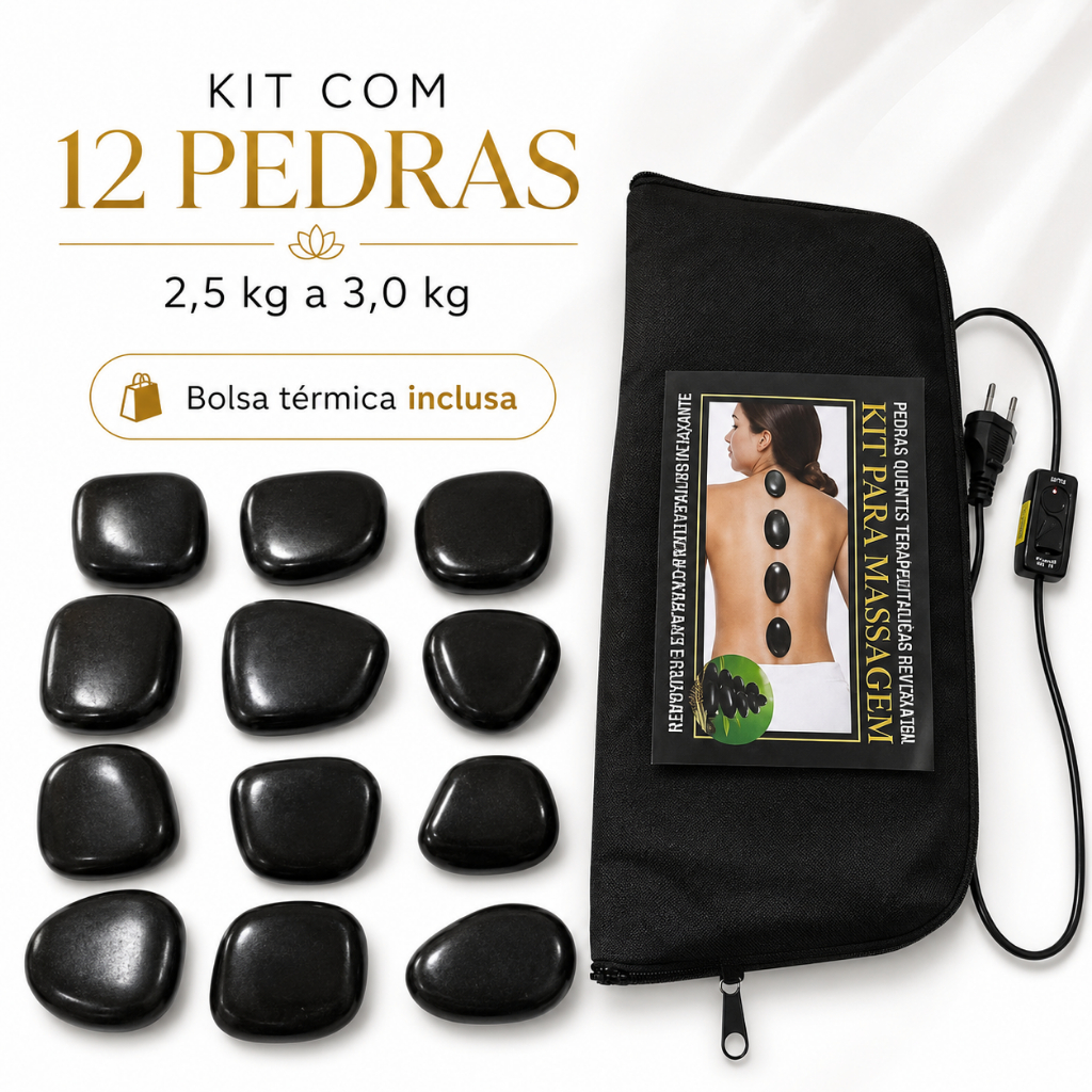 Kit 12 Pedras Quentes Vulcânicas Massagem + Bolsa Aquecedora Térmica 127v ou 220v