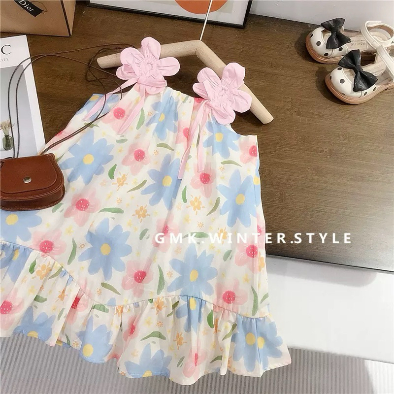 Vestido infantil de algodão floral para meninas com duas pétalas de flores estilo verão