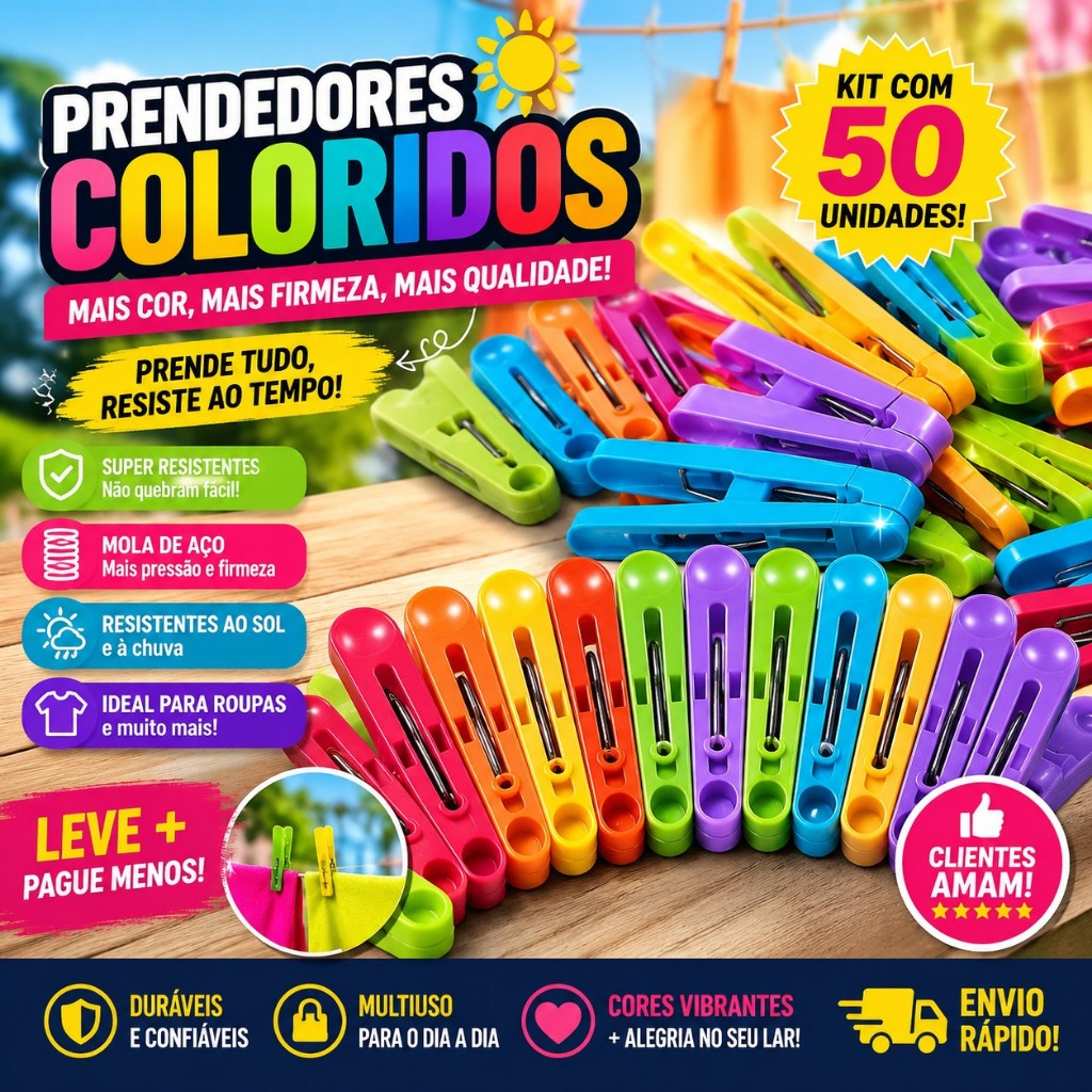 Kit 50 Prendedores de Roupas Pregadores de Plástico COLORS Colorido Para Roupas Resistente Reforçado