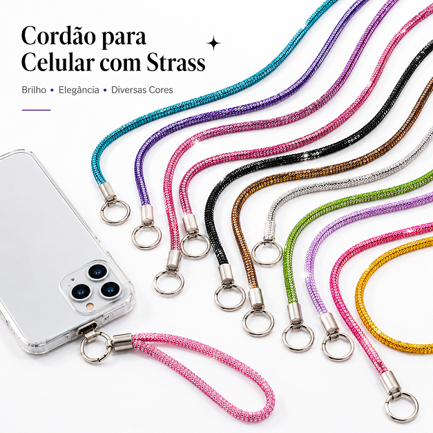 Cordão para Celular 1,2m com Strass Brilhante, Alça Longa para Smartphone, Resistente, Elegante e Confortável