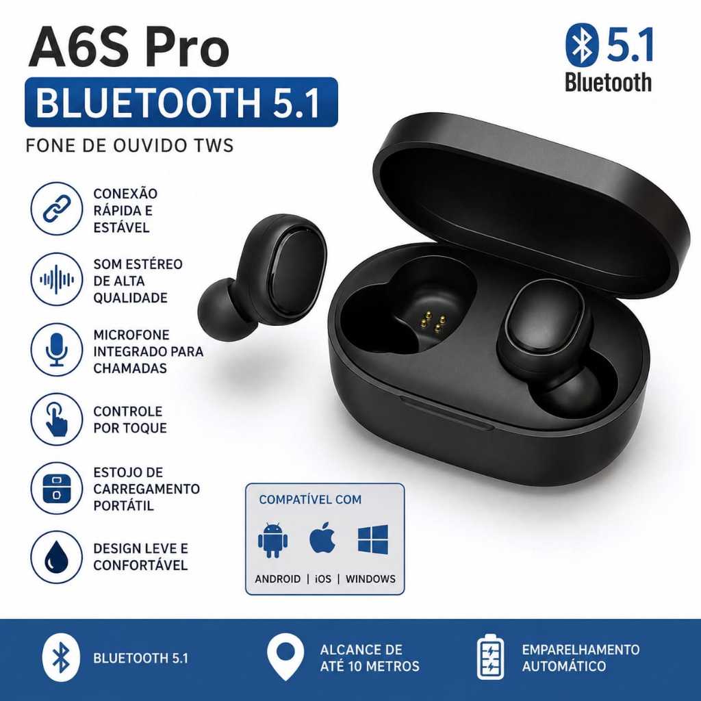fone bluetooth fone de ouvido carregador portátil A6S TWS com baixa latência microfone Integrado Intra
