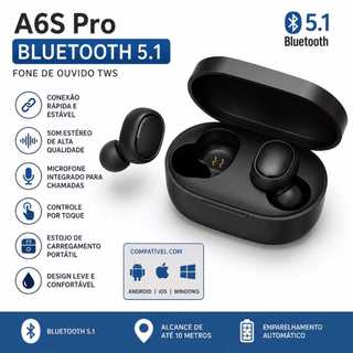 fone bluetooth fone de ouvido carregador portátil A6S TWS com baixa latência microfone Integrado Intra