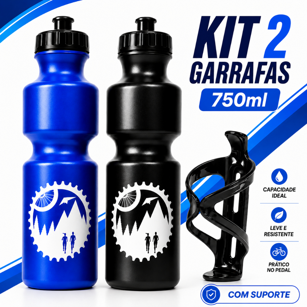 Kit 2 Garrafa Caramanhola Bike Bicicleta Squeeze Agua 750ml + Suporte Garrafinha Ciclismo MTB Passeio Esportes