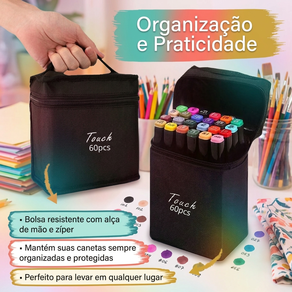 60 Cores Caneta Marcador Touch Dupla Ponta Oleosa com Bolsa Portátil | Kit Artístico Material Escolar para Desenho e Est