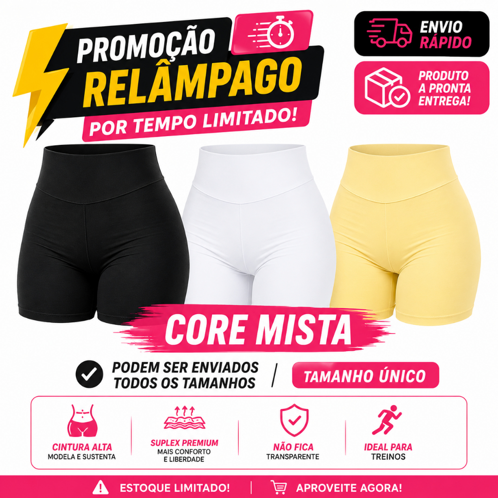Shorts Fitness tamanho unico Feminino Suplex Cintura Alta Academia Treino Corrida