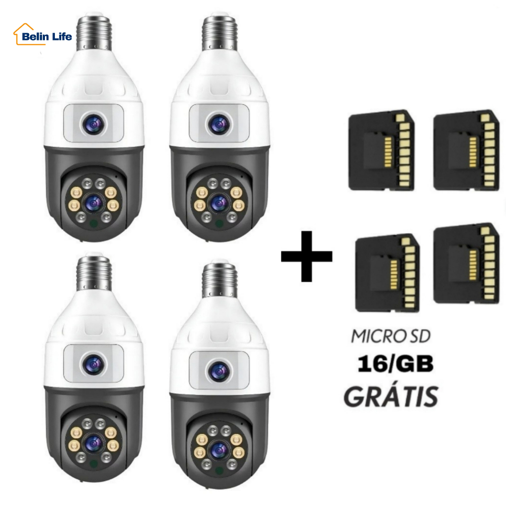 Kit 4 Câmeras Lâmpada 2 Lentes Wifi Giratória + 4 Micro SD 16GB