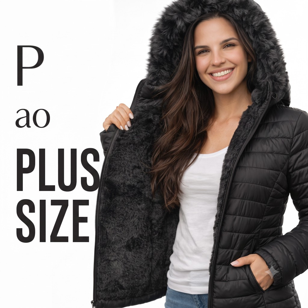 Jaqueta Bobojaco Feminina Peluciada Puffer Forrada Original Capuz Removível Casaco de Frio Inverno Gominho Plus Size