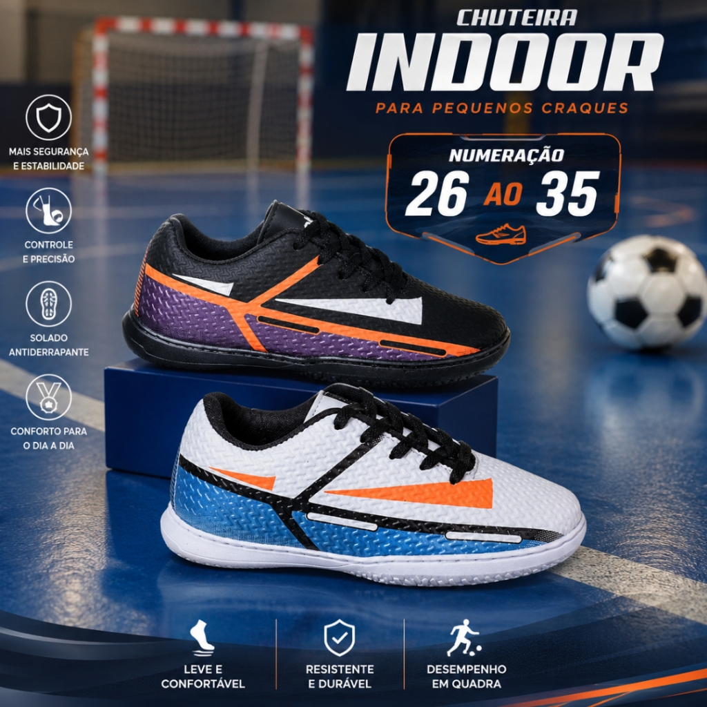 Tênis Chuteira Futsal Infantil Futebol De Salão Bico Costurado Reforçado