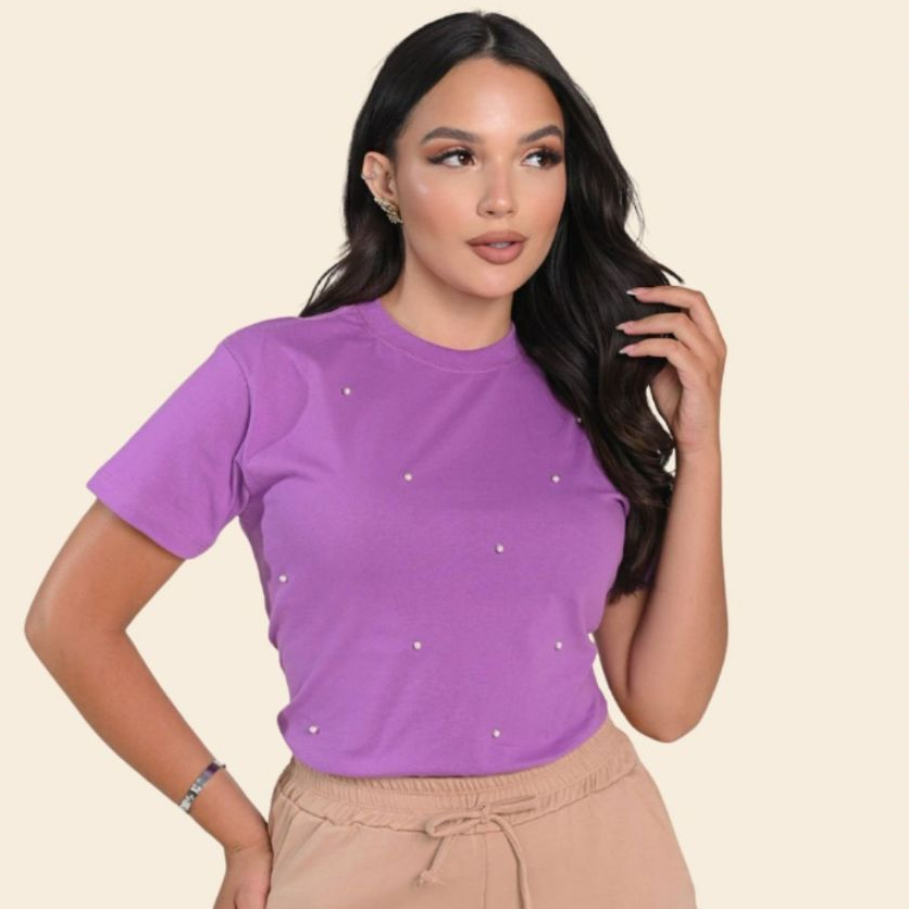 Blusa Feminina 100% Algodão com Pérolas Confortável Estilosa Casual Elegante Blogueira Lisa T shirt Luxo Camiseta