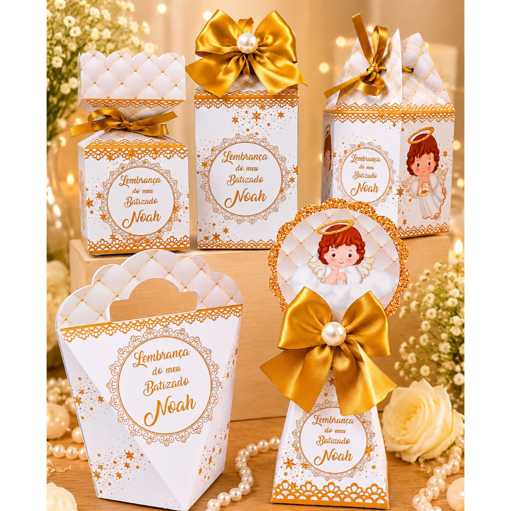 KIT CAIXA FESTA PERSONALIZADA BATIZADO BRANCO E DOURADO MENINO 1.0 ANJINHO MORENA / LEMBRANCINHAS /CAIXINHAS PARA FESTA