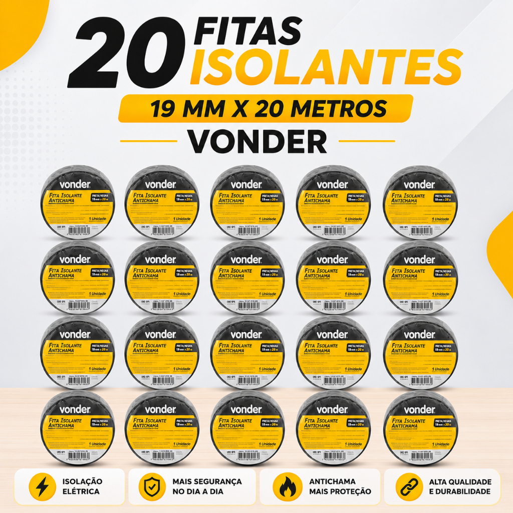 20 Fitas Isolantes 19 mm x 20 Metros Preta Vonder Anti Chama