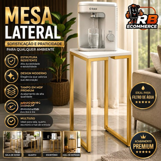 Aparador Lateral Moderno Cantinho do Café 35x35cm com Tampo Branco Estrutura Dourada 78cm Altura