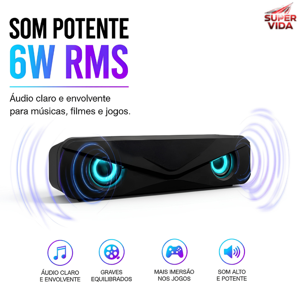 Caixa de Som Multimídia Knup Para PC Subwoofer Soundbar LED RGB Tv 6W USB 3,5mm Compatível Windows