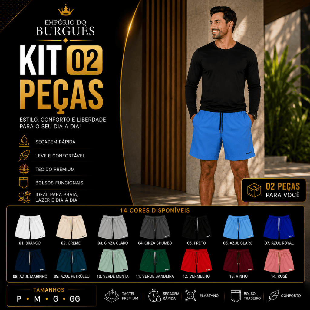 Kit 2 Bermudas Tactel Masculina Escolha as Cores Short Praia Academia Com Elastano Secagem Rápida