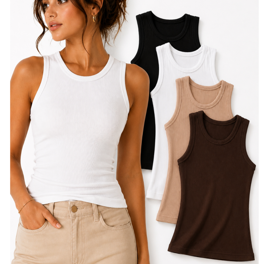 Kit 4 Regata Blusa Feminina Canelada Ribana Básica Moda Gringa Verão Camiseta Casual — imagem 2 de 2