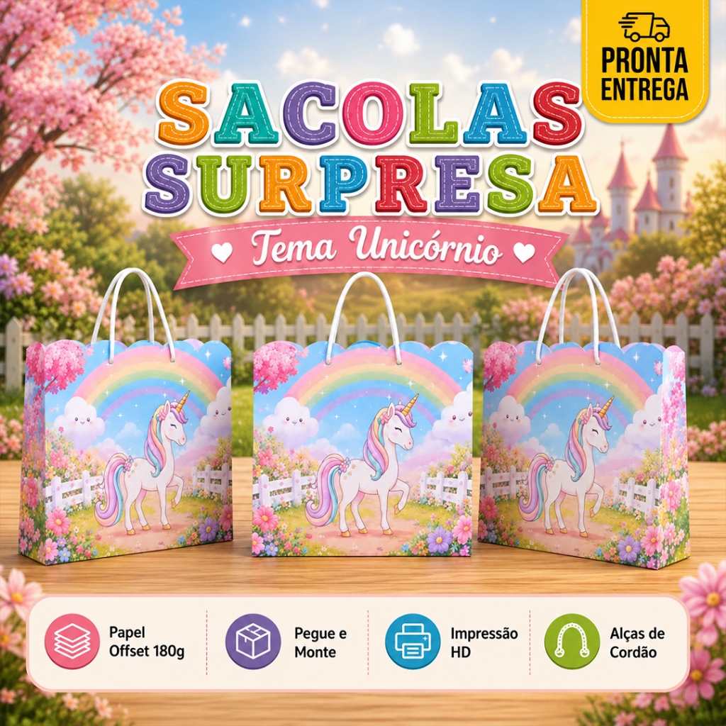 Kit 10,20 ou 30 Sacolas Surpresa Unicórnio Lembrancinha Festa Infantil Pronta Entrega Envio Imediato