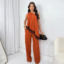 Conjunto Feminino Social Elegante Pantalona Crepe Nula Manga Ombro Só Moda Festa Premium