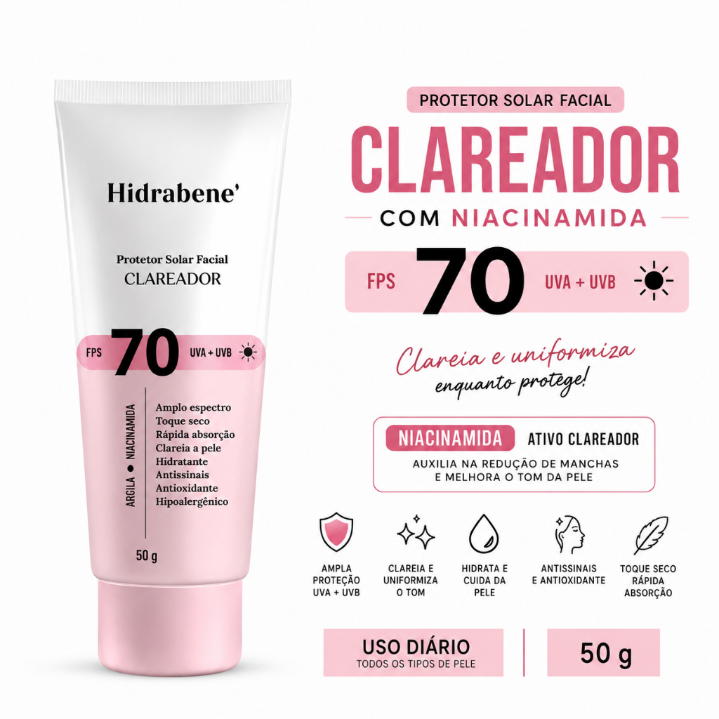 Protetor Solar Facial Hidrabene Clareador FPS 70 Antissinais Clareia a pele Toque Seco 50g
