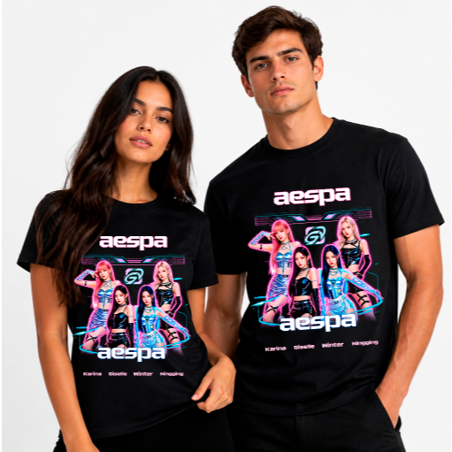 Camiseta T-Shirt Aespa Kpop Unissex 100% Algodão Estampa Cantoras Coreanas Camisa Casual Premium Confortável