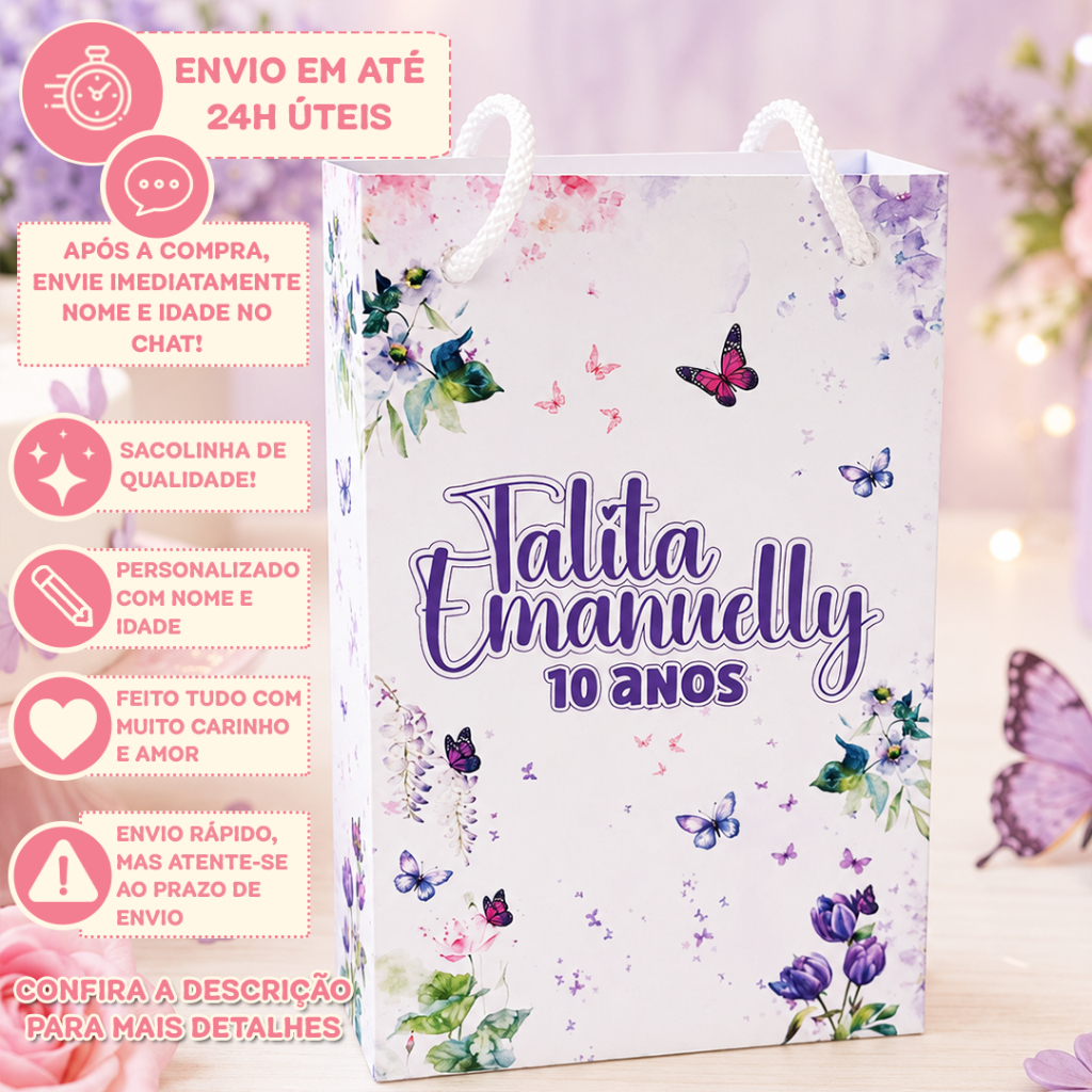 Sacolinhas Personalizada P | Jardim Borboleta Roxa Lilás | PEGU E MONTE | Lembrancinha Festa