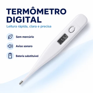 Termômetro Digital Clínico Corporal Sem Mercúrio com Visor LCD, Aviso Sonoro e Bateria Substituível 