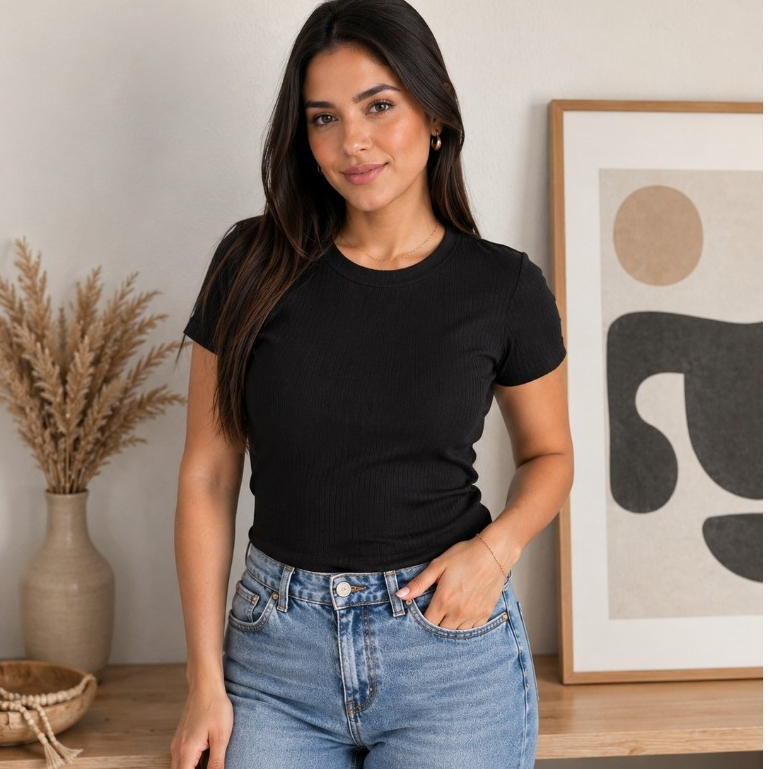 Camiseta Canelada Feminina Manga Curta Gola Redonda Básica Ajustada Casual Confortável P M G GG Moda