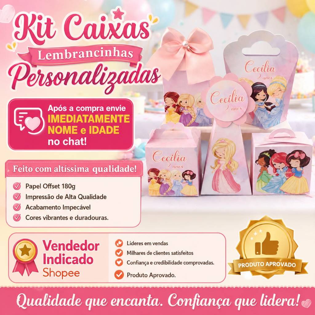 Kit 50 Caixa Princesa Cute Festa Personalizad Lembrancinha Caixinha Aniversário Pegue e Monte