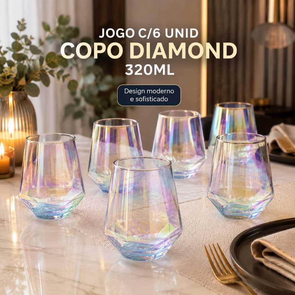 Jogo c/6 Unid Copo Diamond 320ml Furtacor Vidro Tuut