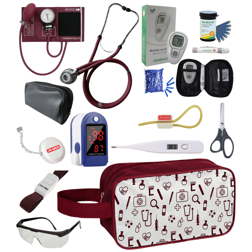 Kit Enfermagem Esfigmomanometro + Estetoscópio Duplo com Oximetro - VINHO ROSA PRETO AZUL