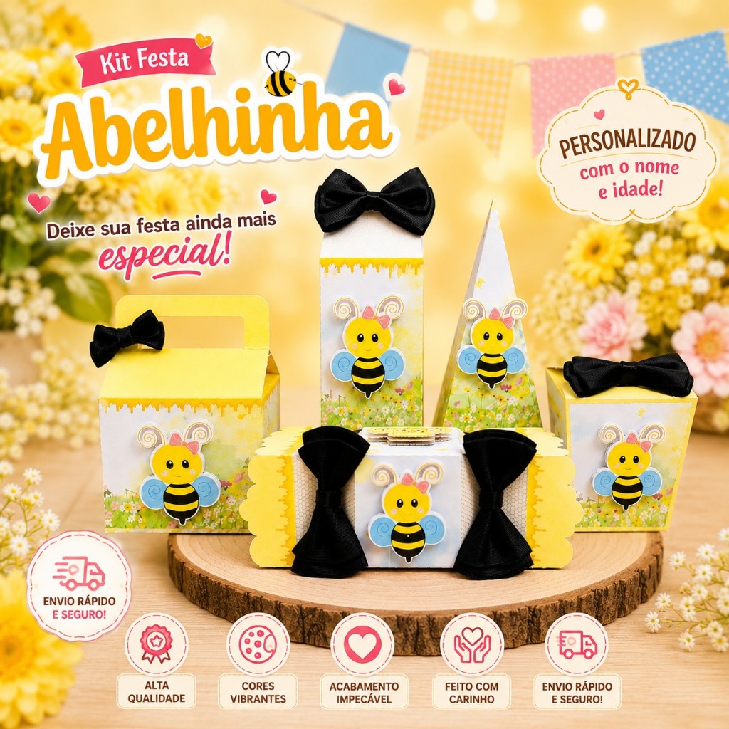 Kit Festa Abelhinha Caixas DESMONTADAS Personalizadas Pegue e Monte Lembrancinha Aniversário Kit Papelaria Personalizada
