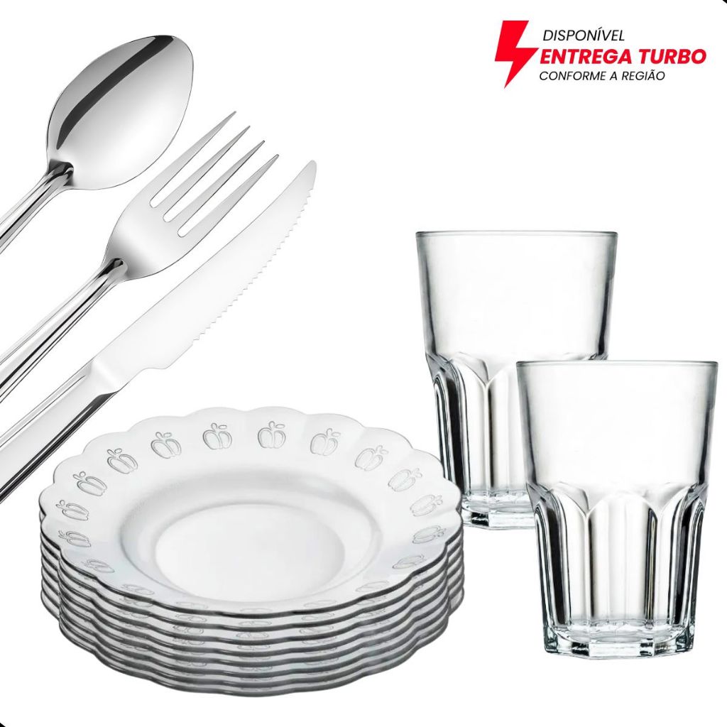 Jogo de Jantar 30 Peças | 6 Pratos Fundos 20cm   6 Copos 350ml e  18 Talheres Inox | Kit Completo