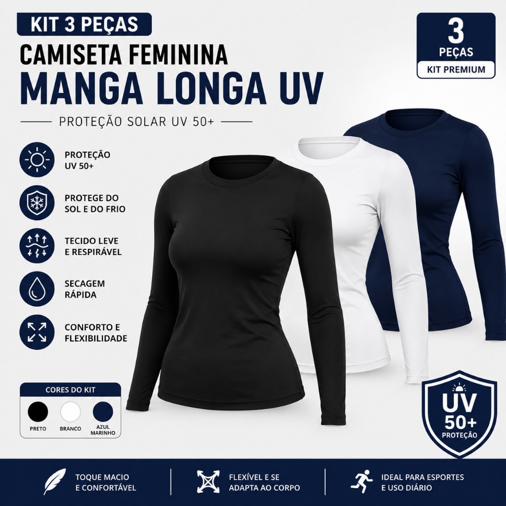 Kit 3 Camisetas Segunda Pele Feminina UV50+ Manga Longa Proteção Solar Academia Corrida Praia UV50+