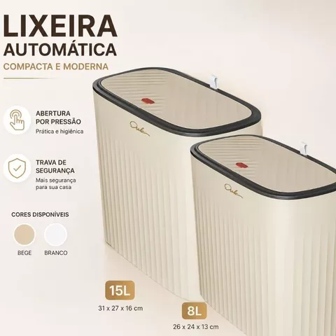Lixeira Click 15L e 8L Tampa por Toque Antiodor para Cozinha Banheiro Quarto Branca e Bege Compacta