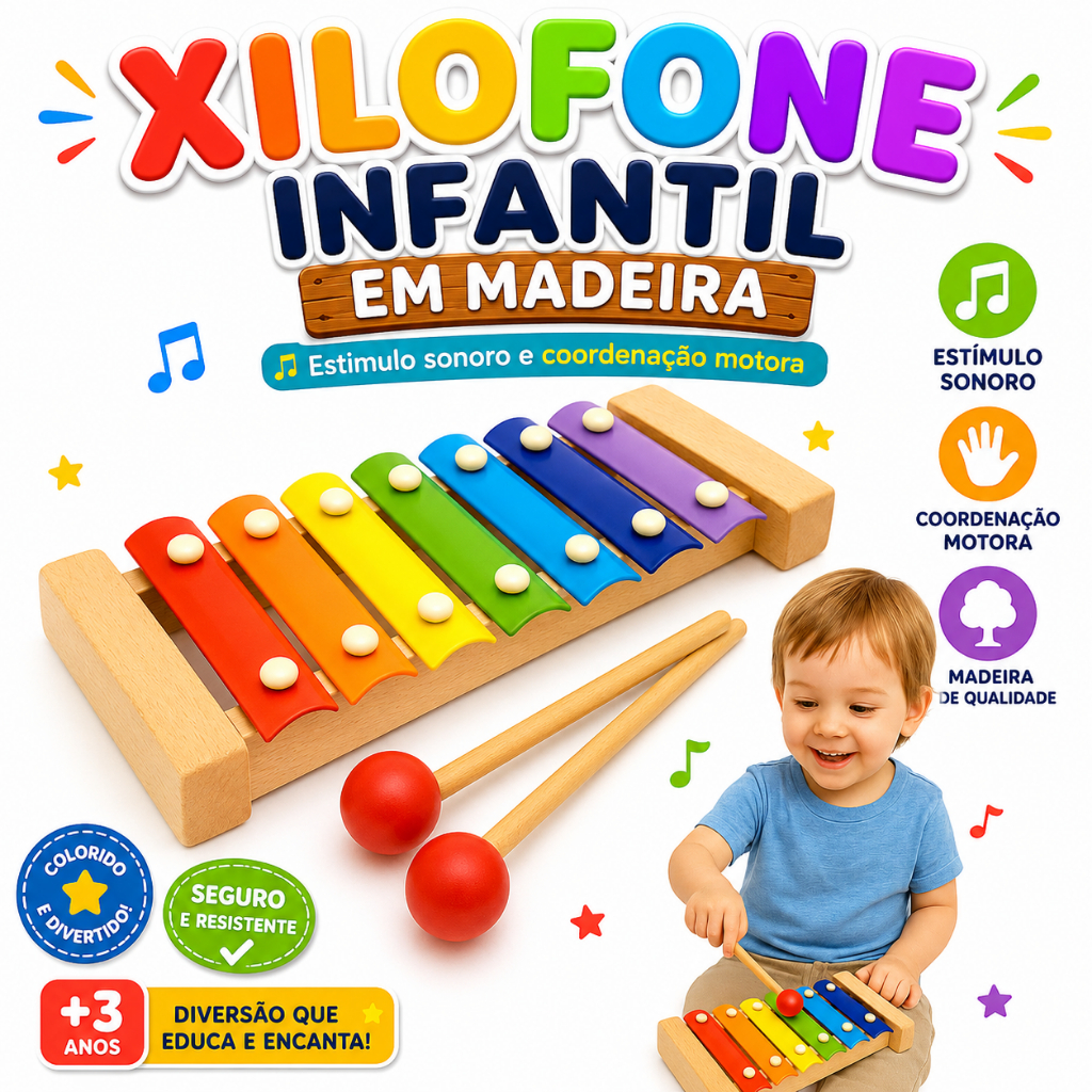 Brinquedo Terapêutico Xilofone Infantil em Madeira – Estímulo Sonoro E Coordenação Motora