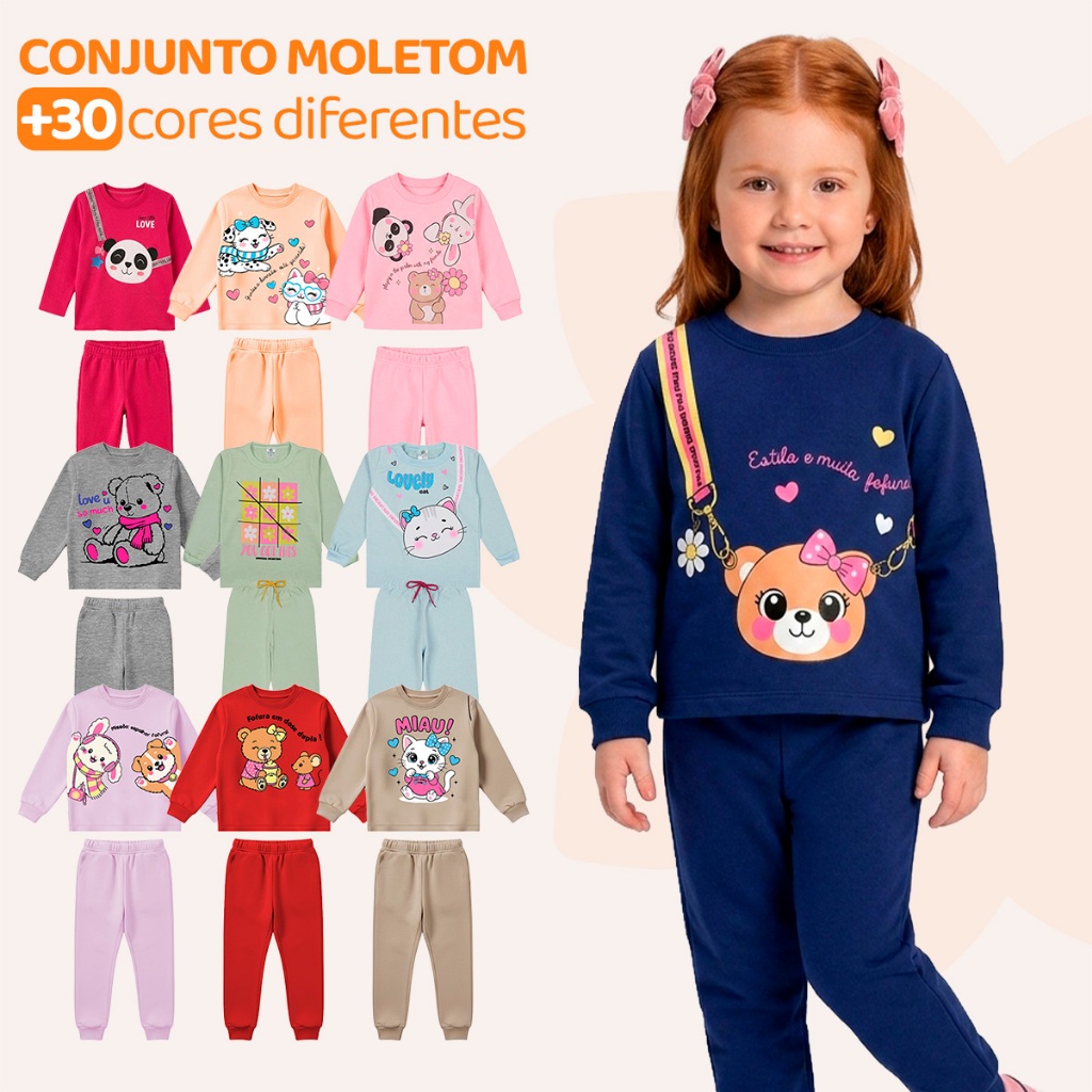 Kit Com 4 Peças Roupa Infantil Menina de Moletom Peluciado - Conjuntos Quentinho