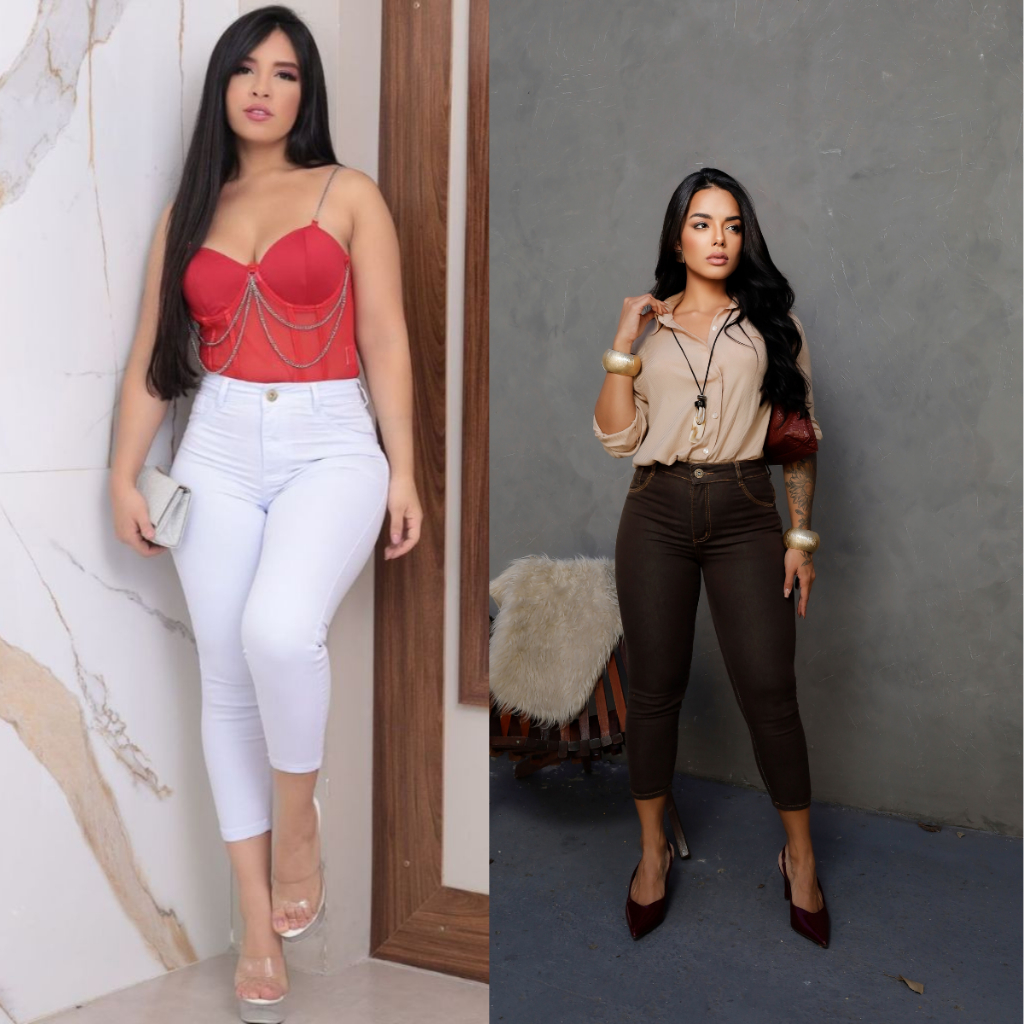 Calça Capri curta branca/ marrom feminina jeans com lycra cintura alta moda tendência lançamento