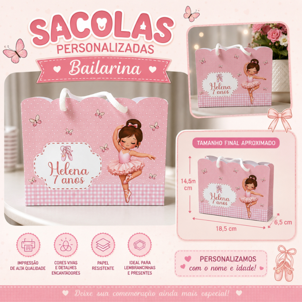 Sacola Personalizada Bailarina - Sacola Lembrancinha Bailarina - Sacola Personalizada Aniversário - Bailarina Rosa