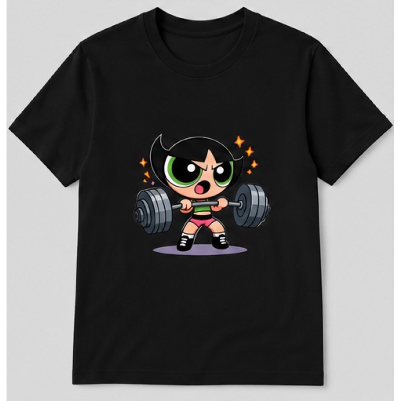 Camiseta Docinho Academia Feminina Estampada Meninas Superpoderosas Treino Fitness Geek Algodão Preta Casual P ao GG
