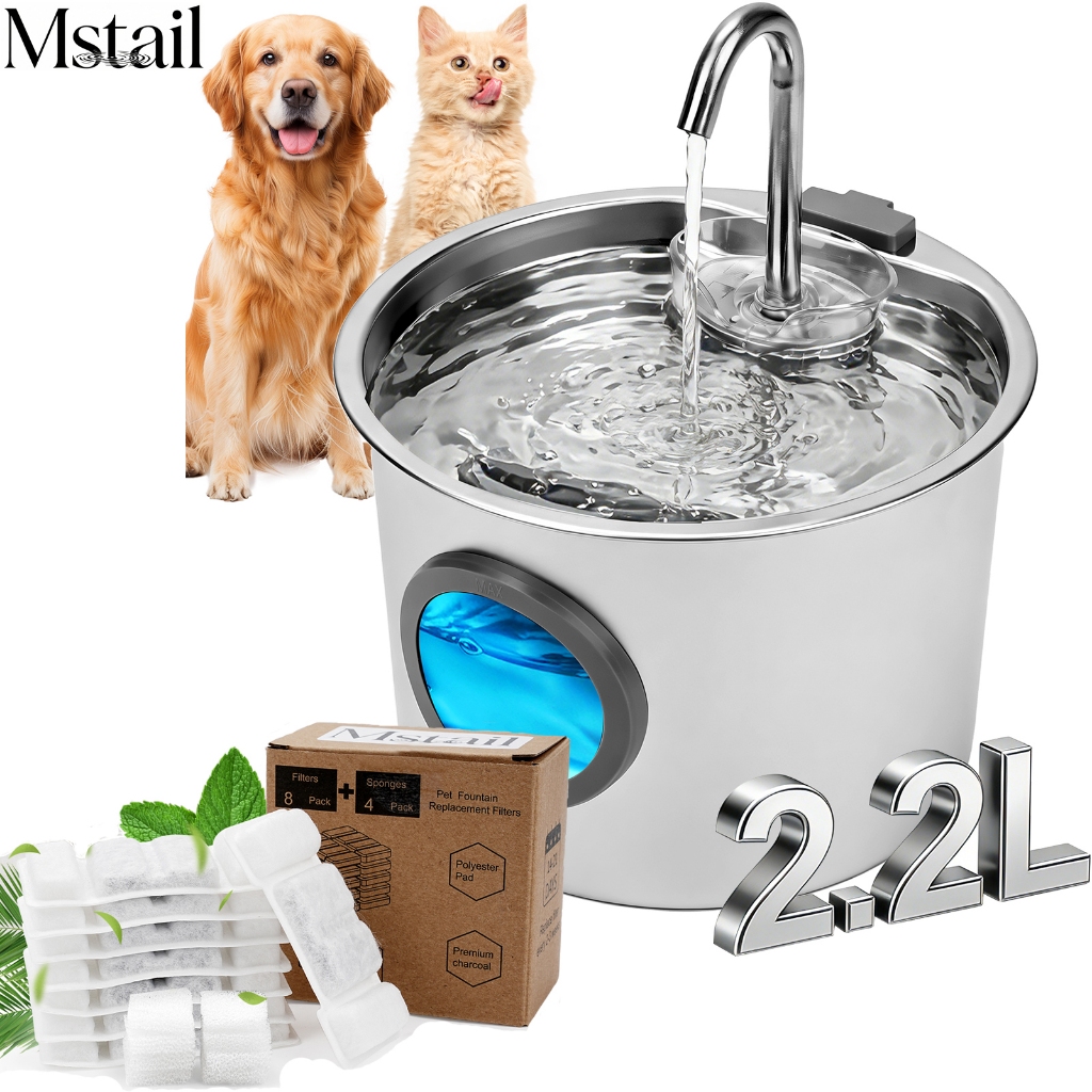 Mstail Bebedouro Automático para Pet 2,2L Aço Inoxidável + Kit Filtros Reposição Gato Cachorro Fonte de Água