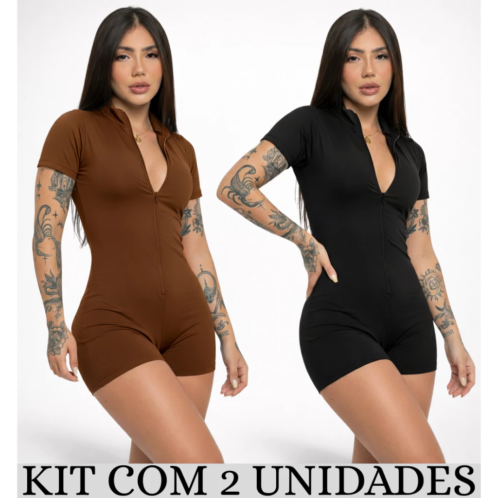 Kit 2 Macaquinho Suplex Feminino Moda Gringa Macacão Fitness Gringo Shorts Curto Manga Curta Ziper