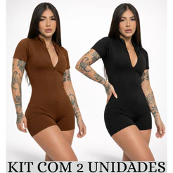Kit 2 Macaquinho Suplex Feminino Moda Gringa Macacão Fitness Gringo Shorts Curto Manga Curta Ziper