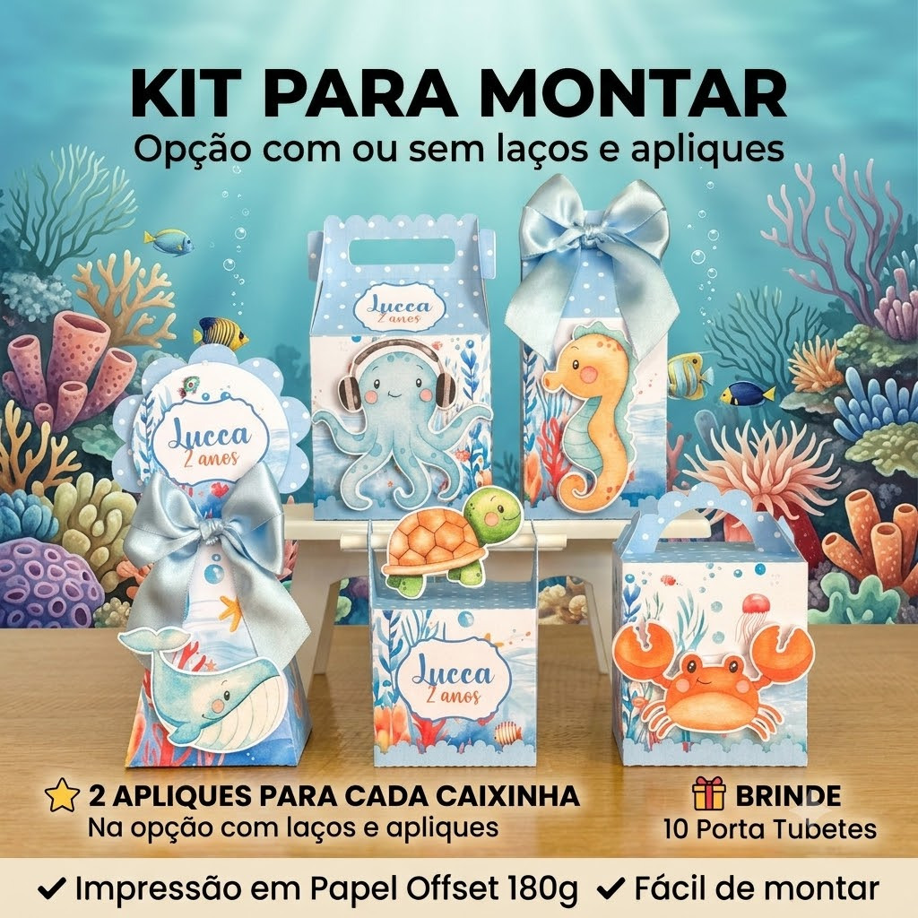 Kit Caixinhas Personalizadas Fundo do Mar Menino – Para montar/Lembrancinhas para Festas Aniversário/ Festa Infantil