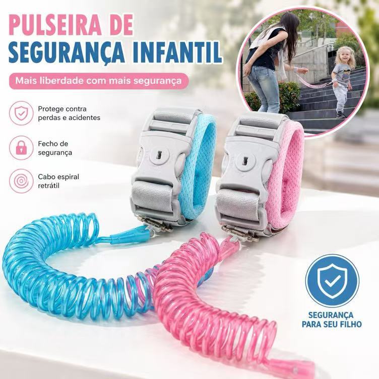 Pulseira de Segurança Infantil Retrátil Anti Perdido Ajustável com Trava para Crianças e Bebês 1,5m