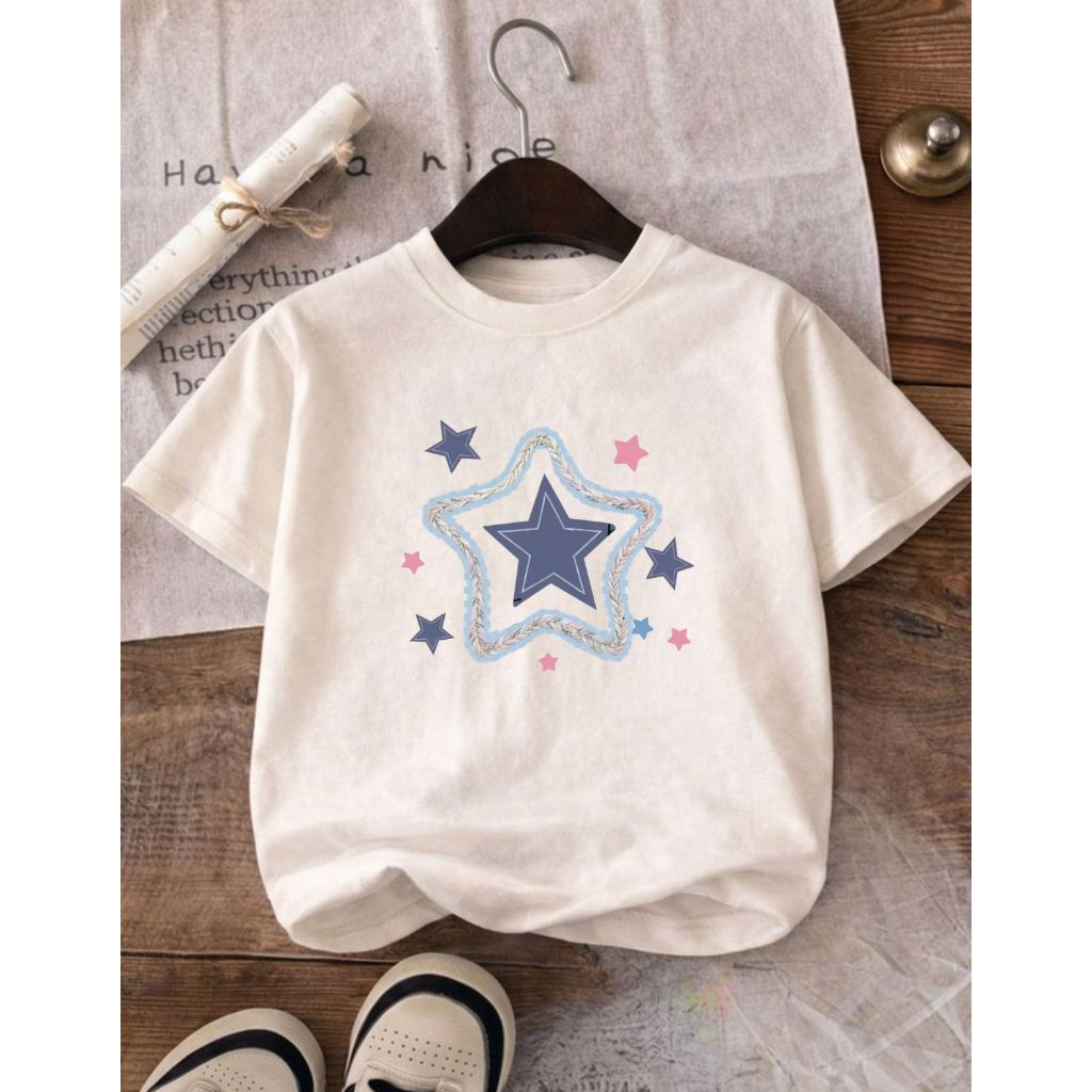 Camiseta Infantil Estrela Menina Estampada Estilo Boho Casual Algodão Confortável Modinha Blogueira