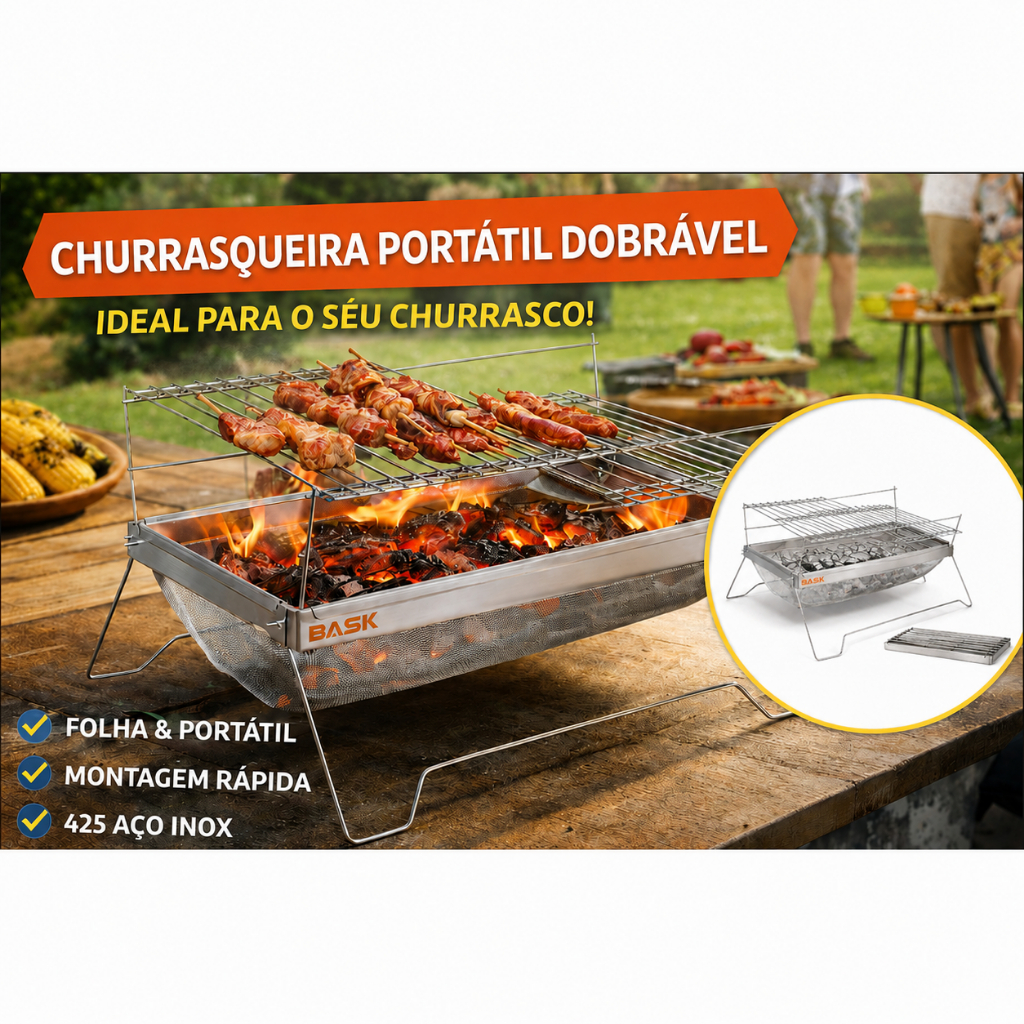 Churrasqueira Portátil Bask Aço Inox Carvão Grelha Ajustável Camping Piquenique
