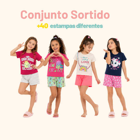 Kit 4, 6, 8 ou 10 Peças Sortido Roupa Infantil Menina Verão Conjunto Camiseta Estampada Shorts