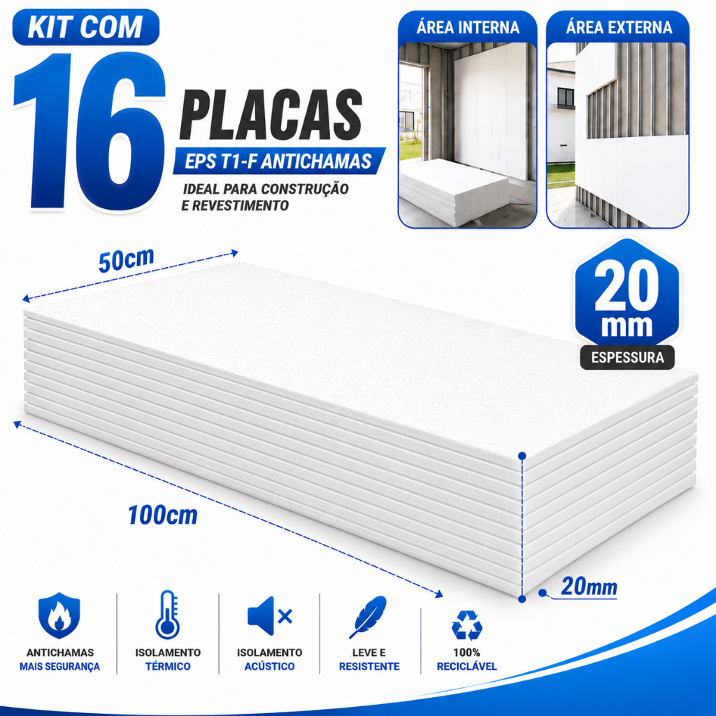 Kit 16 Placas Isopor EPS Antichamas 20mm 100x50cm Revestimento Construção Decoração