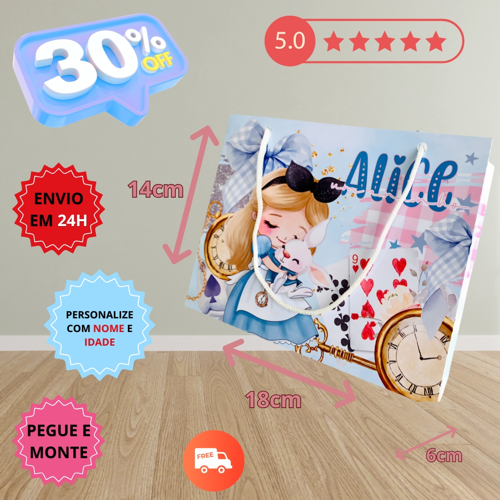 Sacolinha Pegue e Monte G Personalizada com Nome e Idade Alice no País das Maravilhas Lembrancinha Aniversário