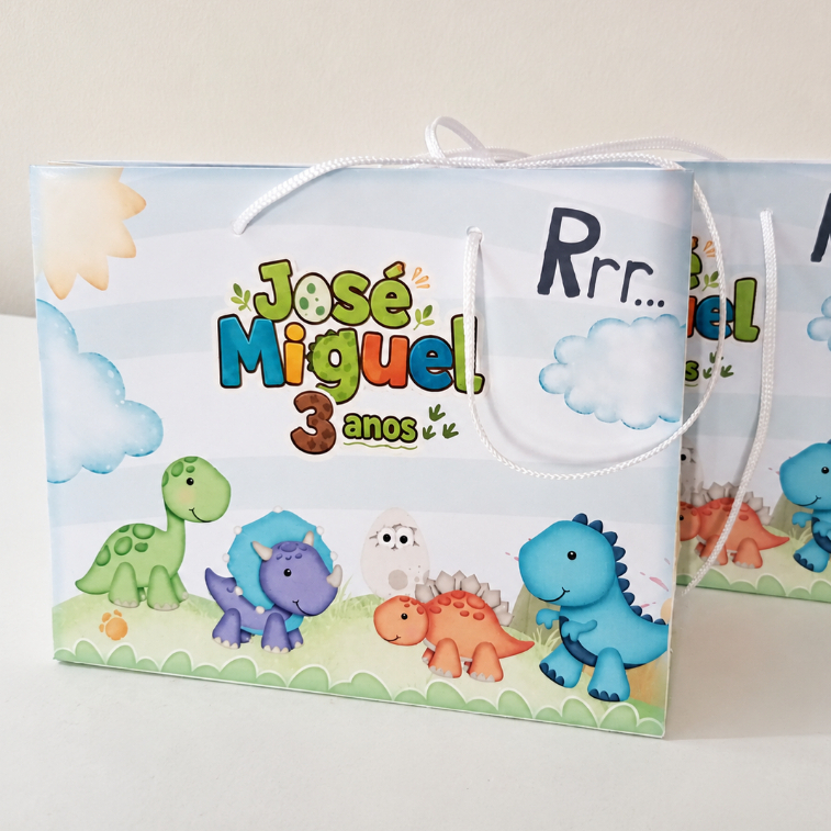 Sacolinha Personalizada Dinossauro Baby Montada com alça | Lembrancinha Festa Infantil | Nome e Idade / Kit 10 Unidades