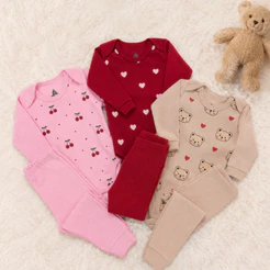 Kit 6 Peças Conjunto Bebê Menina (3 Body Manga Longa + 3 Calça) 100% Algodão RN ao GG Estampado